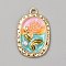 Golden Tone Alloy Enamel Pendants, Oval with Flower, Pink, 26.5x17.5x5.5mm, Hole: 1.8mm