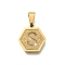 304 Stainless Steel Charms, Real 18K Gold Plated, Hexagon with Letter Charm, Letter S, 15x14x1.5mm, Hole: 3x5.5mm