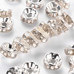 Brass Rhinestone Spacer Beads, Grade B, Clear, Silver Color Plated, Size: about 8mm in diameter, 3.8mm thick, hole: 1.5mm