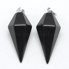 Colgantes puntiagudos de obsidiana natural, con fornituras de latón, bala, Platino, 38.5x16x14.5mm, agujero: 5x8 mm