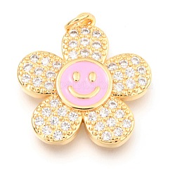 Pendenti in zirconi cubici trasparenti in micro pavè di ottone, con smalto e anelli di salto, placcato di lunga durata, fiore con la faccia sorridente, vero placcato oro 18k, perla rosa, 24x22x3mm, Foro: 3 mm