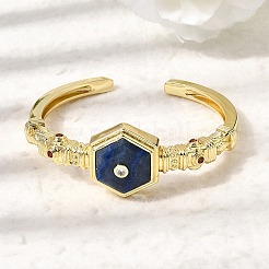 Bracciali rigidi da donna in ottone esagonale con pietre preziose naturali e zirconi cubici incastonati a pavé.&nbsp;BJEW-Z172-01G