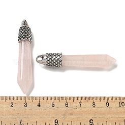 天然ローズクォーツポイント大きなペンダント  ラックメッキを施したファセット加工の弾丸チャーム、アンティークシルバートーンの合金製金具  カドミウムフリー＆鉛フリー  58x11x11mm  穴：5x4mm&nbsp;G-F766-02AS-05