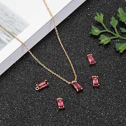 クリアガラスチャーム  DIYのジュエリーには  真鍮パーツ  多面カット  長方形  ライトゴールド  濃いピンク  8.5x4x3mm  穴：1mm&nbsp;X-GLAA-T007-13F