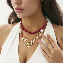 Ожерелья для женщин с подвеской в виде морской звезды и солнечной рыбы из окрашенного синтетического бирюзового сплава с красными бусинами и железом FS-WG72EA0-01