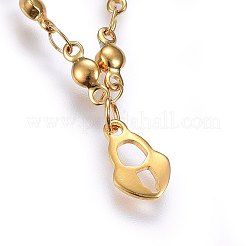 304ステンレススチールチャームブレスレット  カニカン付き  ハートロック  ゴールドカラー  8-1/4インチ（21cm）  3mm&nbsp;BJEW-H579-19G