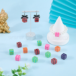 40個のプリント不透明アクリルビーズ  菱形模様の立方体  ミックスカラー  14.5~15x14.5~15x14.5~15mm  穴：3.8mm&nbsp;MACR-PA0001-86