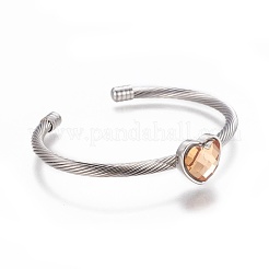 304ステンレススチール製カフバングル  アクリルラインストーン付き  ハート  多面カット  ステンレス鋼色  ミックスカラー  2-1/4インチ（5.85cm）  4mm&nbsp;BJEW-F400-09P