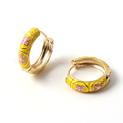 フラワー エナメル フープ イヤリング  女性のための金メッキ真鍮ヒンジ付きイヤリング  きいろ  20x22x5mm  ピン：0.9mm&nbsp;EJEW-G290-04G-B