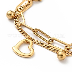 Многорядный браслет с подвеской в виде сердца и круглого шара BJEW-G639-05G