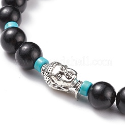Bracelet extensible en bois naturel et turquoise synthétique (teint) avec alliage 3d bouddha&nbsp;BJEW-JB08209
