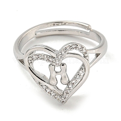 Регулируемые кольца из латуни с микро-паве в форме сердца и стойки для писем для женщин с прозрачным фианитом RJEW-I105-01P-H