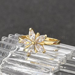 ラックメッキ真鍮マイクロパヴェキュービックジルコニア指輪（女性用）  カドミウムフリー＆鉛フリー  長持ちメッキ  花  18KGP本金メッキ  13.5mm  内径：18mm&nbsp;RJEW-M027-01G-02