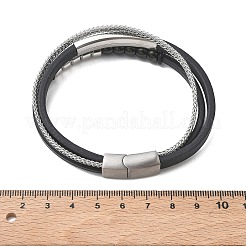 マイクロファイバーレザーコードを使用したマルチ連ブレスレット  304ステンレススチール製ブレスレット（女性用、男性用）  マグネットクラスプ付き  ブラック  8.35インチ（21.2cm）&nbsp;BJEW-C153-01F