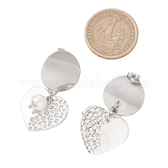 ABS プラスチックイミテーションパールダングルスタッドピアス  304ステンレススチールスタッドピアス金具付き  ステンレス鋼色  ハート  44x23mm&nbsp;EJEW-JE06903-01