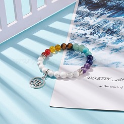 Bracelet extensible en howlite naturelle et pierres précieuses mélangées avec breloques en alliage de lotus&nbsp;BJEW-TA00134-04