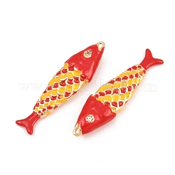 真鍮製エナメルペンダント  魚のチャーム  ラインストーン付き  18KGP本金メッキ  レッド  29x8x4.5mm  穴：0.8mm&nbsp;KK-CBA6818-03G-02