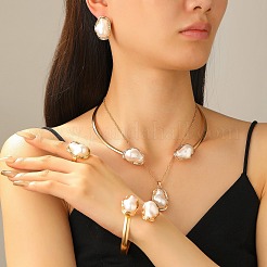 楕円形の合金とプラスチックの真珠のジュエリーセット  バングル、スタッドピアス、ネックレス、リングセット  ライトゴールド  400mm & 150mm & 18mm & 27x19mm & 63mm&nbsp;WGB491C-23