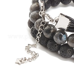 Braccialetti elasticizzati con perline di roccia lavica e larvikite naturale in stile 3 pezzi con albero della vita in lega&nbsp;BJEW-JB07887