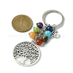 7 porte-clés pendentif en perles de pierres précieuses chakra avec breloque arbre de vie en alliage de style tibétain&nbsp;KEYC-JKC00542
