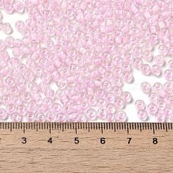 透明なガラスの丸いシードビーズ  色の内側  ラウンド  パールピンク  6/0  4x3mm  穴：1.2mm  約7258個/ポンド&nbsp;SEED-B001-05A-30