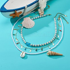 3 個 3 スタイル天然カウリー シェル & エナメル ティア ドロップ ペンダント ネックレス セット  アクリルイービルアイ＆ポリマークレイディスクビーズスタッカブルネックレス女性用  ゴールドカラー  16.14~20.28インチ（41~51.5cm）  1個/スタイル&nbsp;NJEW-JN04035
