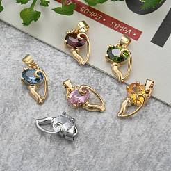 真鍮キュービックジルコニア子猫ペンダント  猫のシルエット形状  ミックスカラー  16x9x5.5mm  穴：4x5mm&nbsp;X-ZIRC-P016-M