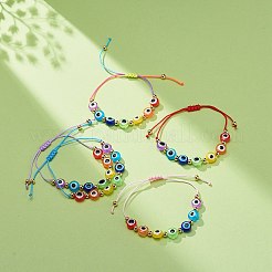 女の子の女性のためのナザールボンジュウ樹脂ビーズ & 真鍮編組ビーズ ブレスレット  調節可能なナイロン糸コードブレスレット  カラフル  内径：1-7/8~2-7/8インチ（4.9~7.4cm）&nbsp;BJEW-JB08744
