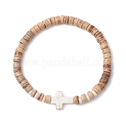 Bracciali elastici con perline di turchese sintetico e cocco naturale incrociato per le donne&nbsp;BJEW-JB11388-02