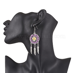 Плоские круглые с перьями стеклянные бусины ручной работы серьги-люстры EJEW-MZ00473-01