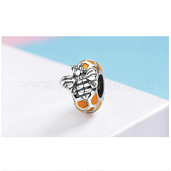 925スターリングシルバーヨーロピアンビーズ  エナメル  大穴ビーズ  蜂とフラットラウンド  アンティークシルバー  10x8mm  穴：4.2~4.5mm&nbsp;STER-FF0009-22AS