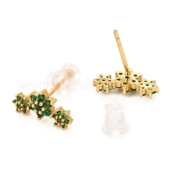 真鍮製マイクロパヴェキュービックジルコニアスタッドピアス  18KGP本金メッキ  花  グリーン  6.5x12.5mm  ピン：1mm&nbsp;EJEW-F273-15C-G