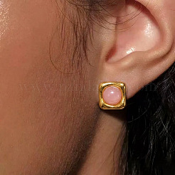 304ステンレススチール製天然ローズクォーツスタッドピアス（女性用）  ゴールドカラー  長方形  16.8x16mm&nbsp;OU7519-4