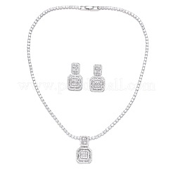 Комплекты из квадратных латунных подвесок с микропаве из прозрачных кубических цирконий и серег-гвоздиков FS-WG98D1F-01