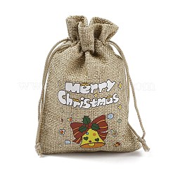 クリスマスプリントの黄麻布の梱包ポーチ、巾着袋  長方形  淡い茶色  クリスマス鐘  14x10x0.01cm&nbsp;ABAG-Q053-02A-10