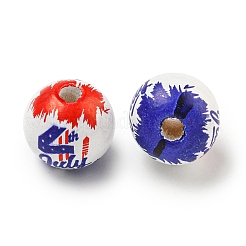 プリントウッドヨーロピアンビーズ  ラウンド  アメリカ国旗スタイル  ブルー  15.5~16mm  穴：4~4.5mm&nbsp;WOOD-G022-07A