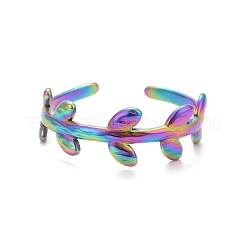 Ionenplattierung (IP) Regenbogenfarbe 304 Edelstahl Blatt Wickel offener Manschettenring für Frauen&nbsp;RJEW-C025-15M