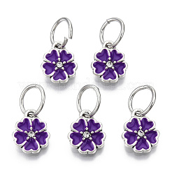 エナメル風の花の合金ラインストーンチャーム  鉄パーツ  アンティークシルバー  インディゴ  13.5x11x3mm  穴：6mm&nbsp;ENAM-S085-04