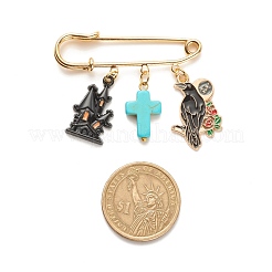 Alfiler de seguridad con dije de esmalte de aleación de castillo y cuervo de halloween con cruz turquesa sintética&nbsp;JEWB-BR00069-04
