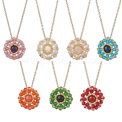 7 collana con catena in acciaio inossidabile 304 con ciondolo rotondo piatto con perline di semi di vetro e corniola naturale in 7 colori&nbsp;NJEW-MZ00129