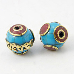 Handmade tibetischen Stil Perlen, mit Türkis, Goldene Metall Farbe, Runde, 16x15 mm, Bohrung: 3 mm