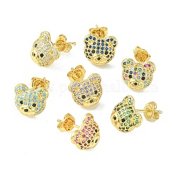 Bear Cubic Zirconia Stud Earrings, Real 18K Gold Plated Brass Jewelry for Women, Mixed Color, 9.5x10.5mm, Pin: 0.7mm