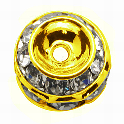 真鍮製のラインストーンビーズ  グレードA  金色  透明  バレル  直径約10mm  長さ9mm  穴：1.5mm