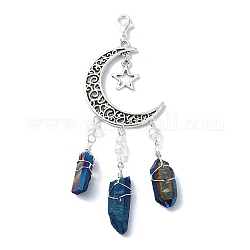 Décorations pendantes en cristal de quartz naturel teint, pépites & lune, bleu de Prusse, 95~100mm