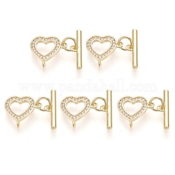 5Pcs Brass Micro Pave Clear Cubic Zirconia Toggle Clasps, with Jump Rings, Nickel Free, Heart, Golden, Heart: 12x12.5x1.5mm, Hole: 1mm, Bar: 15x2mm, Hole: 1mm, Jump Ring: 5x0.8mm, 3mm Inner Diameter