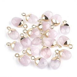Charms in quarzo rosa con placca naturale, con accessori di ferro, sfaccettato, ovale, oro, 14~15x8x5~5.5mm, Foro: 1.8 mm