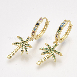 Brass Cubic Zirconia Hoop Earrings, Dangle Earrings, Coconut Tree, Golden, 34mm, Pin: 1mm