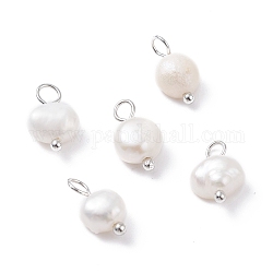 Breloques de perles de culture d'eau douce naturelles, avec épingles à tête sphérique en laiton platine, ovale, blanc, 10~12x6.5~8x4~5.5mm, Trou: 2.3~2.6mm