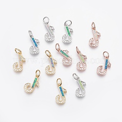 Brass Micro Pave Cubic Zirconia Pendants, with Synthetic Opal, Musical Note, Mixed Color, 22.5mm, Hole: 4.5mm