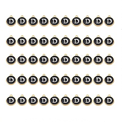 Golden Plated Alloy Charms, with Enamel, Enamelled Sequins, Flat Round, Black, Letter.D, 14x12x2mm, Hole: 1.5mm, 50pcs/Box